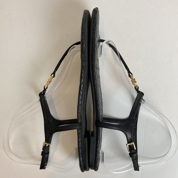 TORY BURCH Marion Quilted Black Leather T-Strap Gold Logo Sandals Size 8 Luxury - Picture 14 of 16